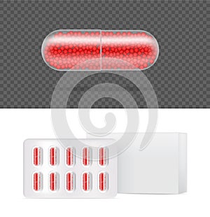 Mock up Realistic Transparent Pill Medicine Capsule Panel on White Background Vector Illustration. Tablets Medical and Health Conc