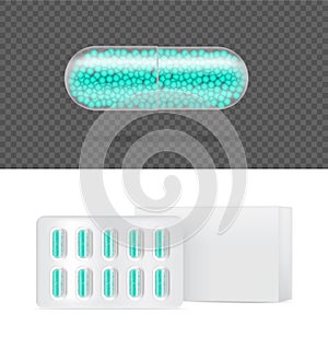 Mock up Realistic Transparent Pill Medicine Capsule Panel on White Background Vector Illustration. Tablets Medical and Health Conc