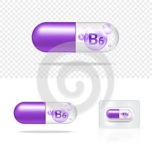 Mock up Realistic Transparent Pill Vitamin B6 Medicine Capsule Panel on White Background Vector Illustration. Tablets Medical and