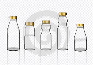 Mock up Realistic Transparent Plastic Packaging Product For Milk, Soft Drink or Water Juice Bottle With Gold Cap isolated Backgr