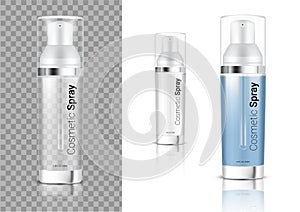 Mock up Realistic Transparent Spray Bottle Cosmetic or Oil for Skincare Product Packaging With Metallic and Cap on white