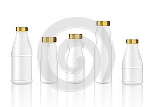 Mock up Realistic White and Gold Plastic Packaging Product For Milk, Soft Drink or Water Juice Bottle isolated Background.