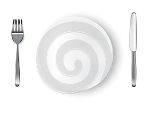 Mock up Realistic White Plate or Dish, Metal Fork and Knife on Dining Table for food Background.