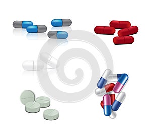 Mock up Realistic White, red, Blue and Gray Capsules Pills Medicine on White Background Vector Illustration. Tablets Medical