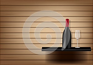 Mock up Realistic Wine Bottle and Glass on Abstract Wood Background