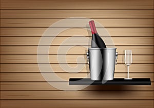 Mock up Realistic Wine Bottle, Ice Bucket and Glass on Abstract Wood Background Illustration