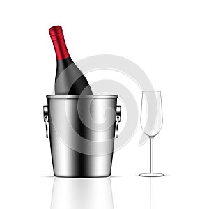 Mock up Realistic Wine Bottle, Ice Bucket and Glass on White Background Illustration