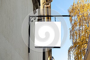 Mock up. Rectangular shape signboard of store, shop, restaurant, office on the wall of classical architecture building