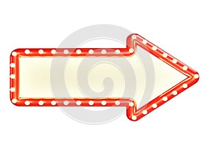 Mock up red marque arrow sign with blank space and light bulbs, isolated on white background