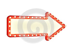 Mock up red marque arrow sign with blank space and light bulbs, isolated on white background photo