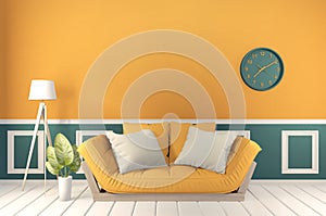 Mock up room Green and yellow, Sofa yellow and decoration plants on light green wall and wooden floor.3D rendering
