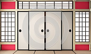 Mock up ryokan red Room empty zen very japanese style with tatami mat floor.3D rendering