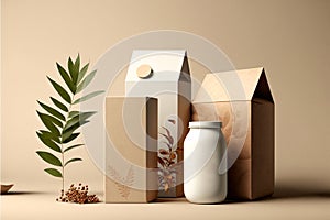 Mock up Set of eco products on a beige background healthy food concept of healthy foods. Empty cardboard boxes with space for text
