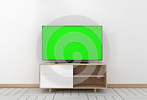 Mock up Smart Tv Mockup with blank green screen hanging in modern white empty room interior minimal designs. 3d rendering