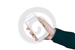 Mock Up Smartphone Isolate in hand man - Closeup, On a white background