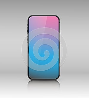 A mock-up of a smartphone with a pink-blue gradient screen. Realistic 3D mobile phone with shadow on gray background.