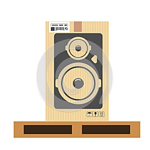 Mock up of speaker in carton box. Moving and delivery services. Vector illustration