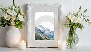 Mock up square frame with home decor and potted plants. White shelf and wall. Copy space