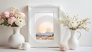 Mock up square frame with home decor and potted plants. White shelf and wall. Copy space