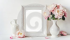 Mock up square frame with home decor and potted plants. White shelf and wall. Copy space