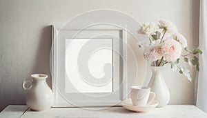 Mock up square frame with home decor and potted plants. White shelf and wall. Copy space