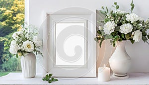 Mock up square frame with home decor and potted plants. White shelf and wall. Copy space