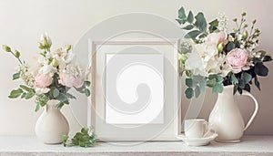 Mock up square frame with home decor and potted plants. White shelf and wall. Copy space