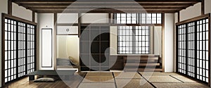 Mock up tatami mats and paper sliding doors called Shoji in Japanese room style. 3D rendering