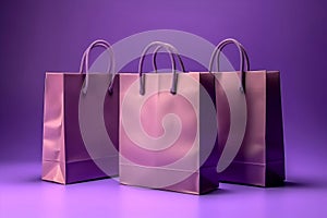 Mock up of three blank purple shopping bags isolated on purple background. Commercial advertising for black friday. Generative AI