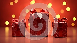 Mock up of three red glitter gift boxes wiht red ribbon isolated on red background with bokeh, online shopping.