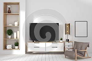 Mock up TV cabinet on white wood flooring and white wall, minimalist and zen interior of living room japanese style.3d rendering