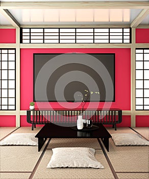 Mock up Tv room, smart tv on red wall zen room very japanese stye and tatami floor.3D rendering