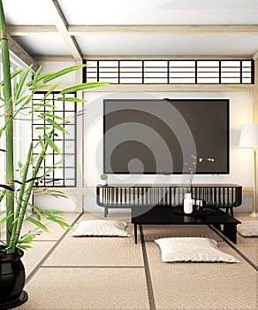 Mock up Tv room, smart tv on wall zen room very japanese stye and tatami floor.3D rendering