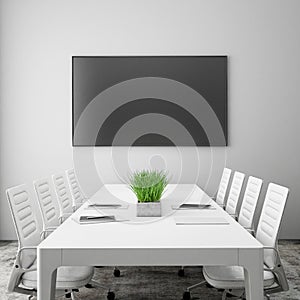 Mock up tv screen in meeting room with conference table, interior background,