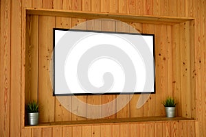 Mock up of TV screen on wooden wall