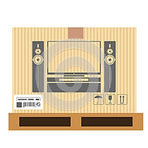 Mock up of tv set in carton box. Moving and delivery services. Vector illustration