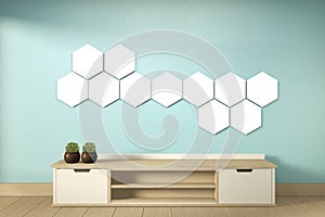 Mock up Tv shelf and hexagon lamp on wall mint room modern tropical style - empty room interior - minimal design. 3d rendering