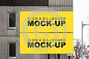 Mock up two blank horizontal billboard on building wall