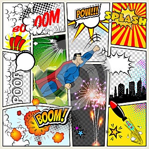 Mock-up of a typical comic book page. Vector Comics Pop art Superhero concept blank layout template with clouds beams