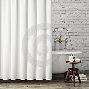 Mock up vintage hipster bathroom with white curtains, interior background,