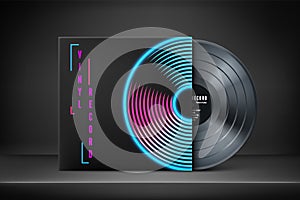 Mock up of vinyl record cover in retro neon colors. Old music album template. Vintage vinyl disk
