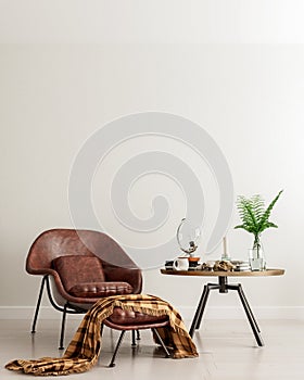 Mock up wall with brown leather chair and metal table in modern interior background, living room, moment for contemplation