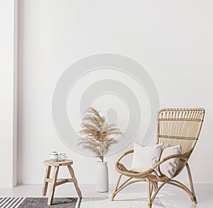 Mock up wall in home interior background, beige room with natural wooden furniture, Scandinavian style