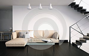 Mock up wall in interior with stairs and sofa. living room hipster style. 3d illustration