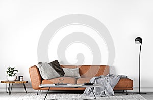 Mock Up Wall In Modern Interior Background, Living Room, with orange leather sofa . Grey plaid and cushions . Wooden table