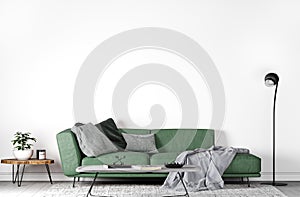 Mock up wall in modern interior , green sofa in living room on empty white wall,