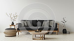 Mock up wall in Scandinavian living room design, home decor with dark sofa and wooden. AI Generative
