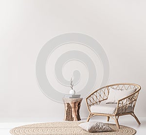 Mock up wall in Scandinavian living room design, home decor with rattan armchair and natural wooden table photo