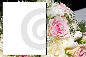 Mock-up wedding pastel flower rose with white sheet paper empty space for marriage text mock up