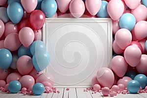 Mock up of white board with pink and blue balloons on wooden background. Baby gender reveal concept.